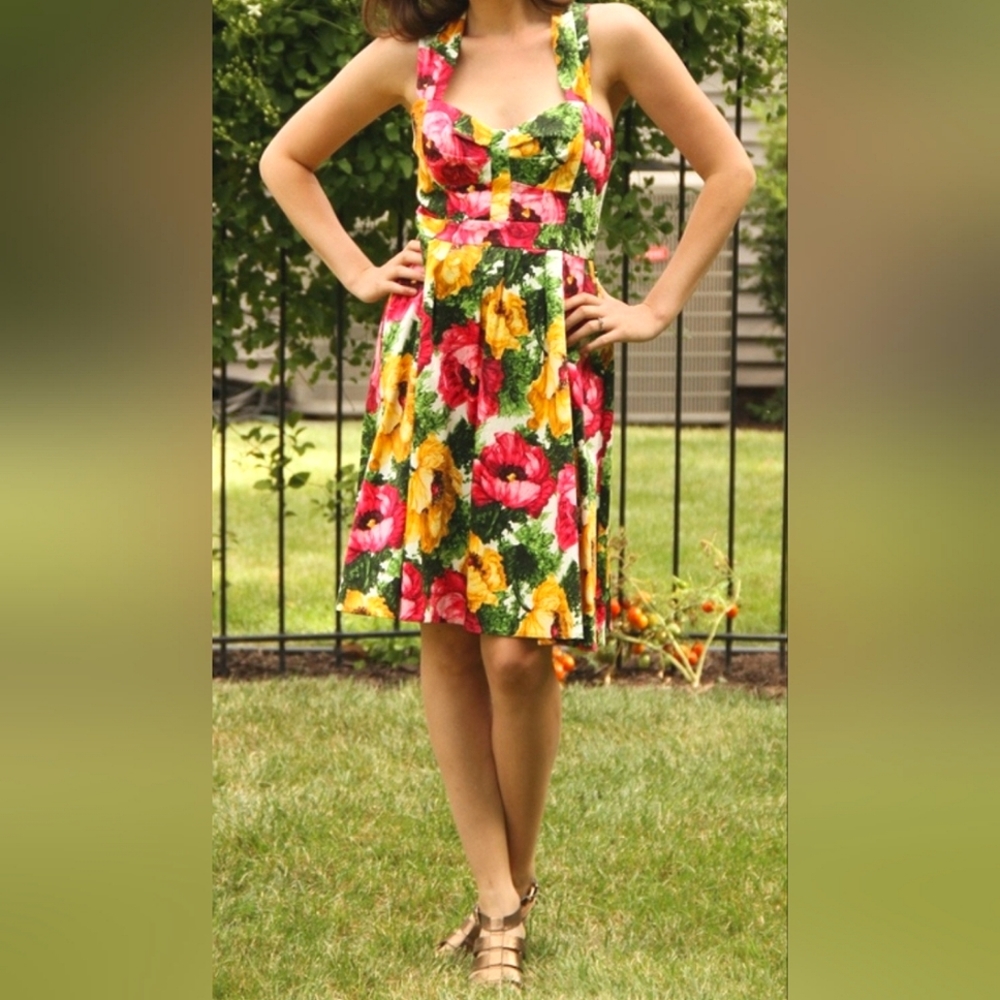 London Times Floral Cross Back Swing Dress Sweetheart Rockabilly Size 10 Retro